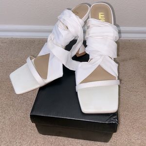 Nick Lace Up Square Peep Toe Sculptured Heel in white chiffon